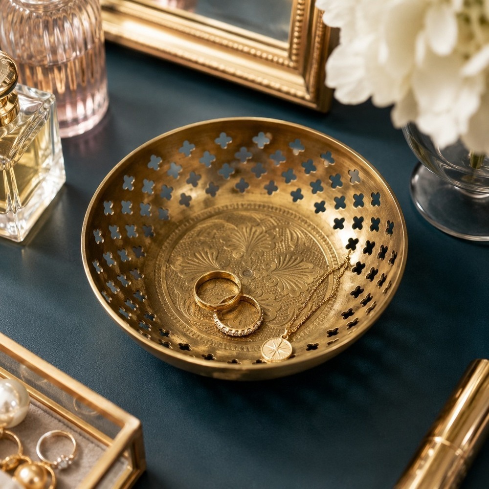 Brass Trinket Dish Pierced Engraved Hollywood Regency Vanity Farmhouse Vintage